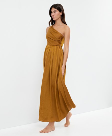 Oysho Long Asymmetric Vestito With A Satin Finish Corallo | 96140-OBKA