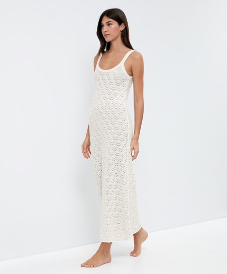 Oysho Long Cotone Crochet Vestito Bone Whte | 16072-FNAH