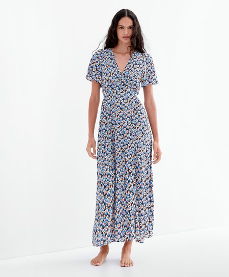 Oysho Long Floral Vestito Blu | 10935-FQBC