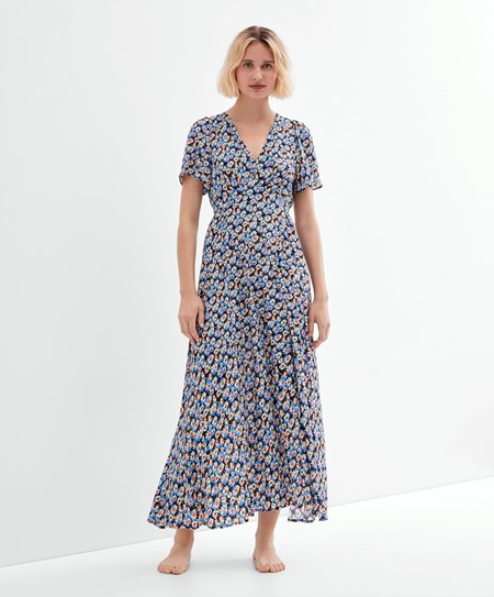 Oysho Long Floral Vestito Blu | 68137-DMNR