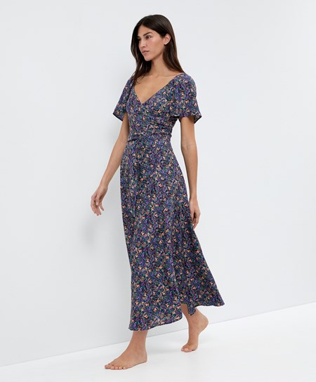 Oysho Long Floral Vestito Plum | 96305-KIHU