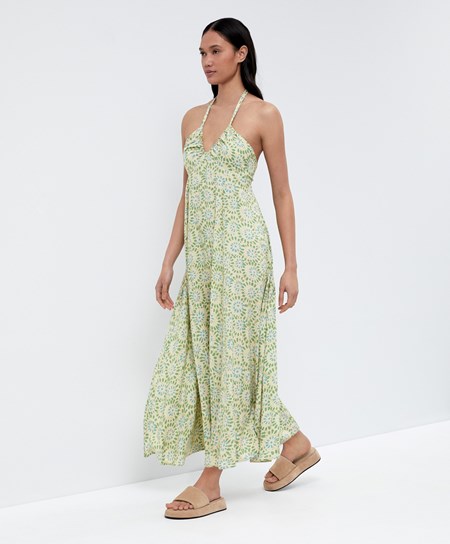 Oysho Long Ruched Vestito Blu Verdi | 97421-CGBR