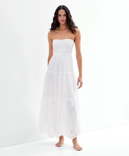 Oysho Long Vestito In 100% Cotone Broderie Anglaise Bianche | 07831-SYJF