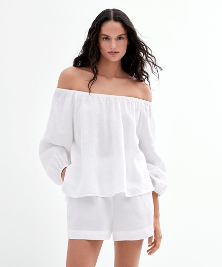 Oysho Long-sleeved 100% Linen Blouse Bianche | 36720-UPAH