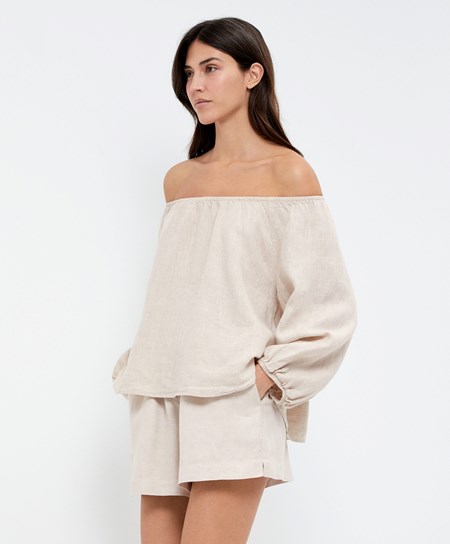 Oysho Long-sleeved 100% Linen Blouse Sabbia | 28613-FYQX