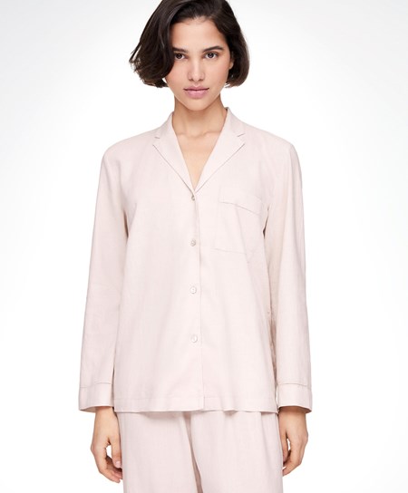 Oysho Long-sleeved Linen Shirt Beige | 97624-SGFK