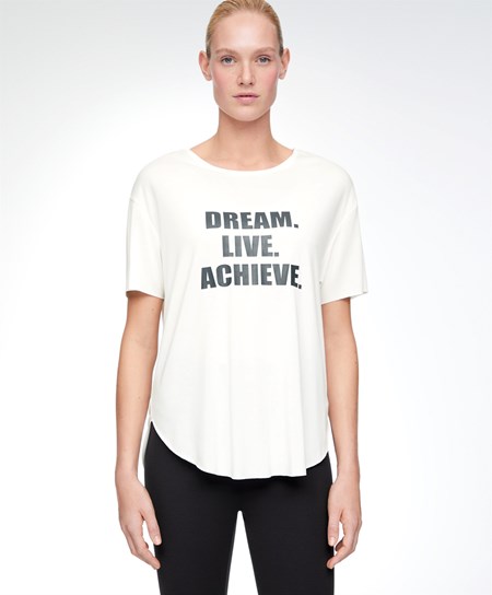 Oysho Modal Corta-sleeved Text T-shirt Ecru | 91078-WQZV