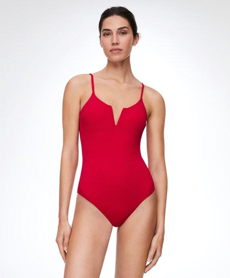 Oysho Piqué V-neck Swimsuit Rosse | 32179-NZAV