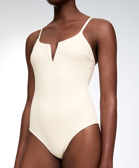 Oysho Piqué V-neck Swimsuit Vanilla | 26419-LRXT