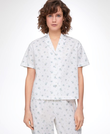 Oysho Print 100% Cotone Plumeti Corta-sleeved Shirt Blu | 24360-WNLJ