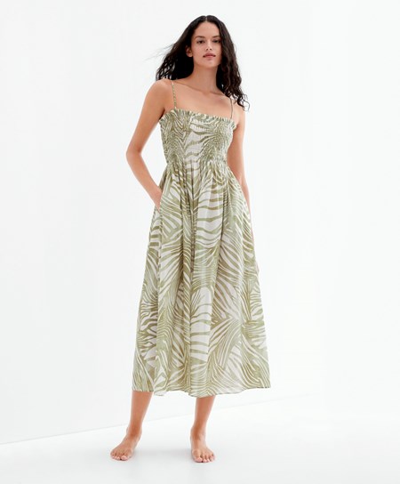 Oysho Printed 100% Cotone Cinturino Midi Vestito Khaki | 54328-LOCW