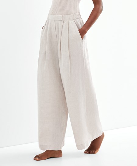 Oysho Relaxed-fit 100% Linen Trousers Sabbia | 17894-MBCE
