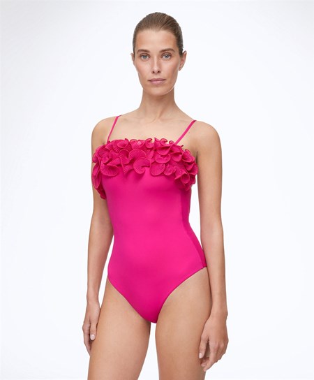 Oysho Ruffled Bandeau Swimsuit Fucsia | 60952-HQAX