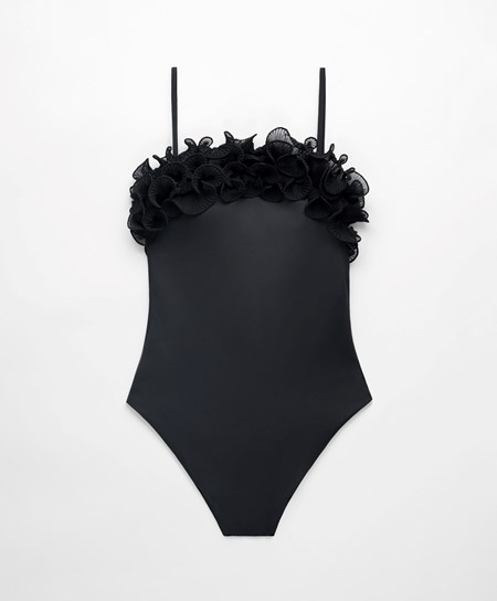 Oysho Ruffled Bandeau Swimsuit Nere | 67935-QSUB