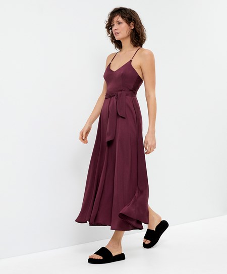 Oysho Satin Cinturino Midi Vestito Bordeaux | 85174-HSLU