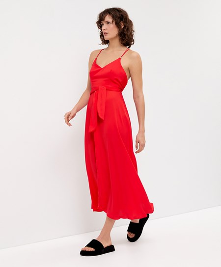 Oysho Satin Cinturino Midi Vestito Orange-red | 08736-KOEQ