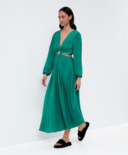 Oysho Satin Cut-out Long-sleeved Midi Vestito Verdi | 05298-NCKF