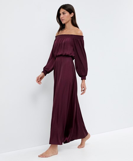 Oysho Satin Off-shoulder Long Vestito Aubergine | 49086-RHZM
