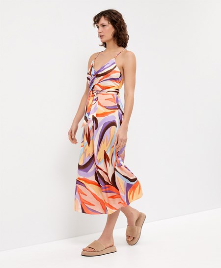 Oysho Satin Printed Cinturino Long Vestito Viola Profondo | 53201-VOSH