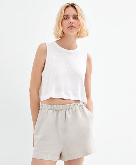 Oysho Senza Maniche Linen T-shirt Bianche | 01436-UCQS