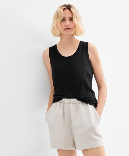 Oysho Senza Maniche Linen T-shirt Nere | 18296-JAPR