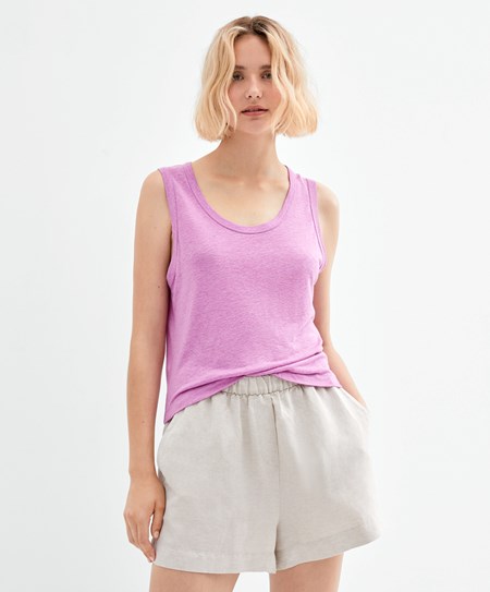 Oysho Senza Maniche Linen T-shirt Rosa | 86057-LQAP