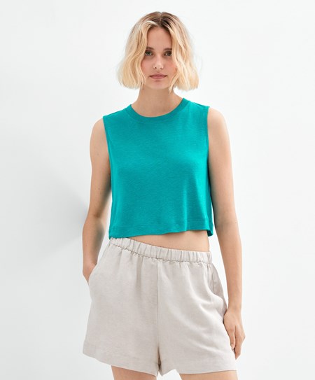 Oysho Senza Maniche Linen T-shirt Verde Acqua Verdi | 18475-QFBM