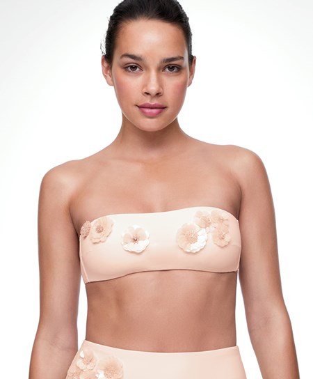 Oysho Sequinned Flowers Bandeau Bikini Top Pink-ecru | 12390-NZWB