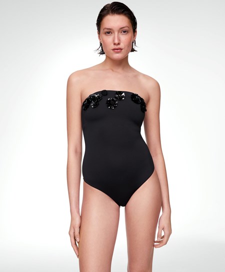 Oysho Sequinned Flowers Bandeau Swimsuit Nere | 76928-LCVX