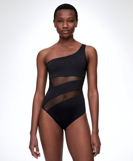 Oysho Sheer Panel Asymmetric Swimsuit Nere | 83079-MXYJ