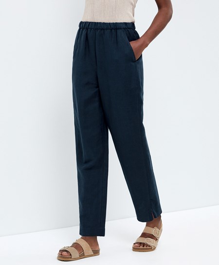 Oysho Slim Fit Linen Trousers Blu Marino | 17052-EAOY