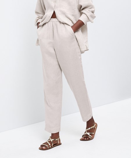 Oysho Slim Fit Linen Trousers Sabbia | 71084-HFOR