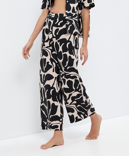 Oysho Tropical Cotone/Linen Larghe-leg Trousers Nere | 17984-PAJS