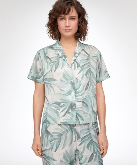 Oysho Tropical Leaf Satin Corta-sleeved Shirt Verdi | 02983-PEIM