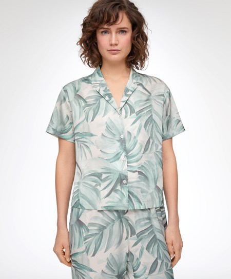 Oysho Tropical Leaf Satin Corta-sleeved Shirt Verdi | 65240-YIXA